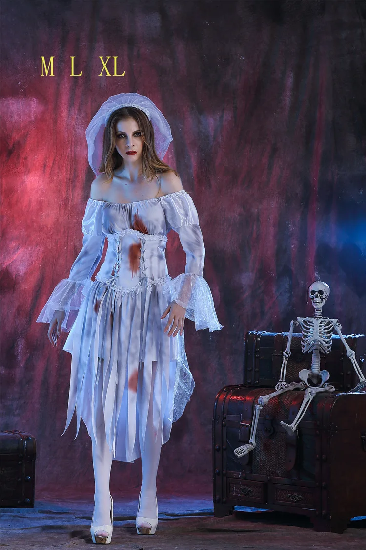  2 Pcs Halloween Women Gossamer Ghost Bride Costume Dress Bridal  Veil White Gothic Victorian Dead Bride Costume for Cosplay(XL) : Clothing,  Shoes & Jewelry