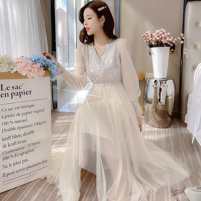 

2020 Spring Early Spring New Style Elegant Goddess-Style Sequin Mesh Dress Women's Mid-length Bell Sleeve Ladies' Dress