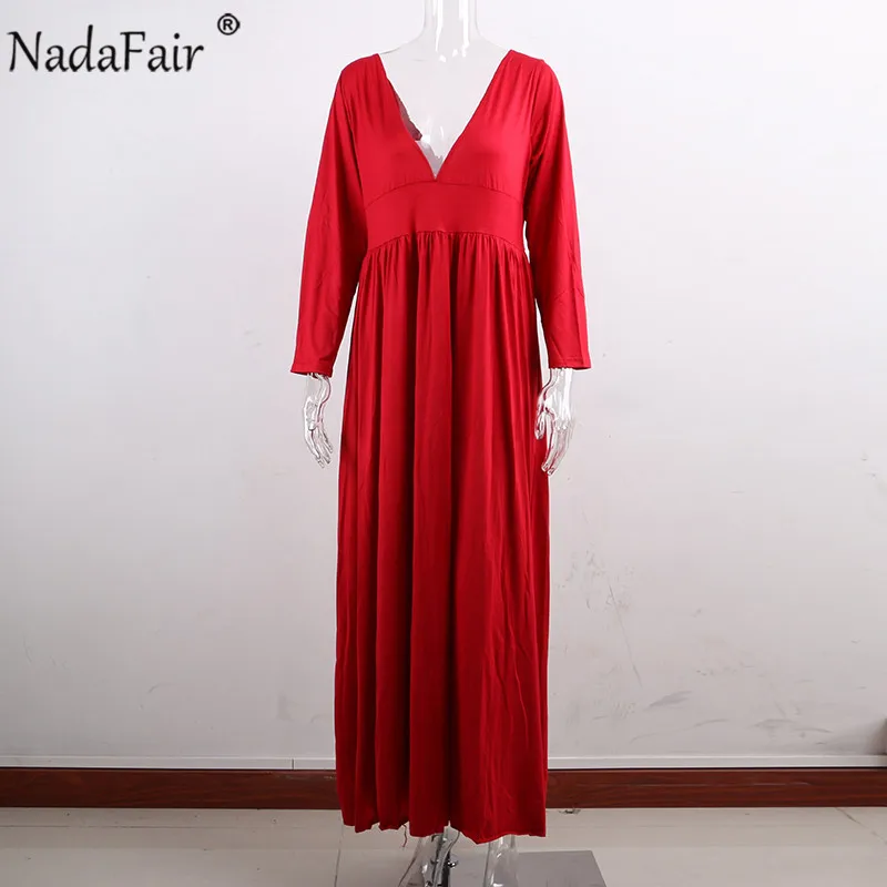 Nadafair А-силуэт Черный Красный Макси платья Vestidos Boho Сексуальный Глубокий v-образный вырез раскол большие качели тонкий размера плюс длинные вечерние платья для женщин