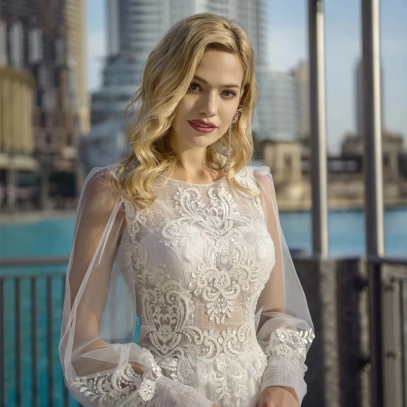 Fashion A-line Lantern Long Sleeve Wedding Dresses Lace Applique Boho Illusion Back Noivas Sposa Suknia Robe De Mariee