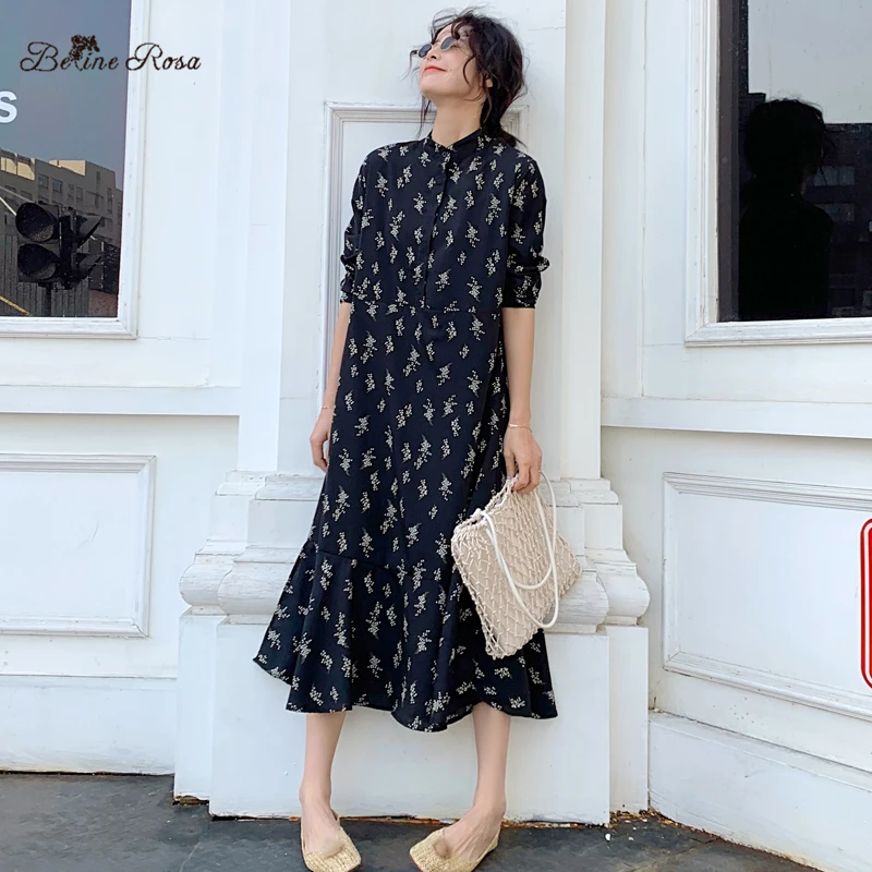 

BelineRosa England Retro Style Floral Printed Chiffon Dress Female Loose Flower Ladies Dress Autumn 2019 STYFS0002