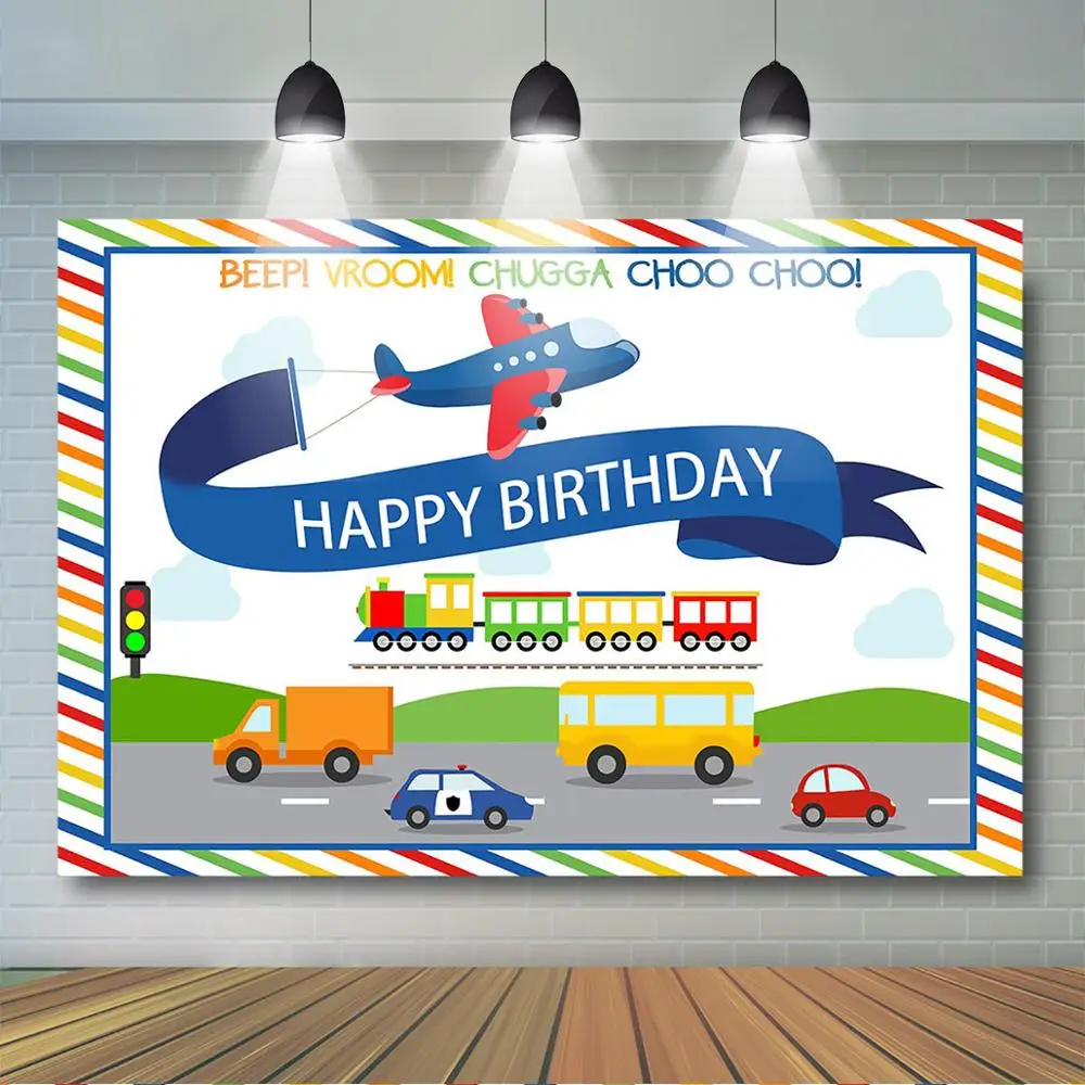 Neevop 10X8Ft Polyester Car Birthday Backdrop Happy Birthday Background Cartoon Cars Photo Background Studio Aircraft Adventure Photo Backgrounds