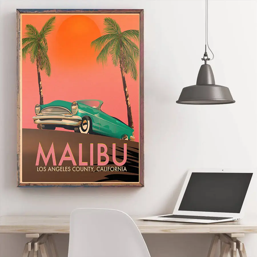 Malibu летнего отдыха и путешествий, плакат Wall Art Стикеры оберточная бумага в винтажном стиле кафе Паб Бар Декор для отелей, ручная роспись, изображение пейзажа, 42x30 см