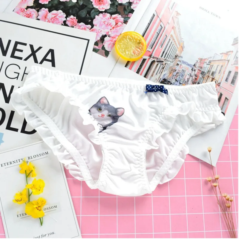 SP& CITY женское нижнее белье с милым рисунком кота из мультфильма для женщин, сексуальные трусики, бесшовные трусы с оборками по бокам, молочное шелковое кружевное белье
