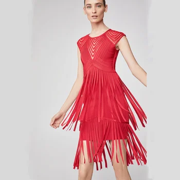 

New Summer Women Red Tassel Elegant Dress O-Neck Sleeveless Celebrity Party Rayon Bandage Dresses wholesale