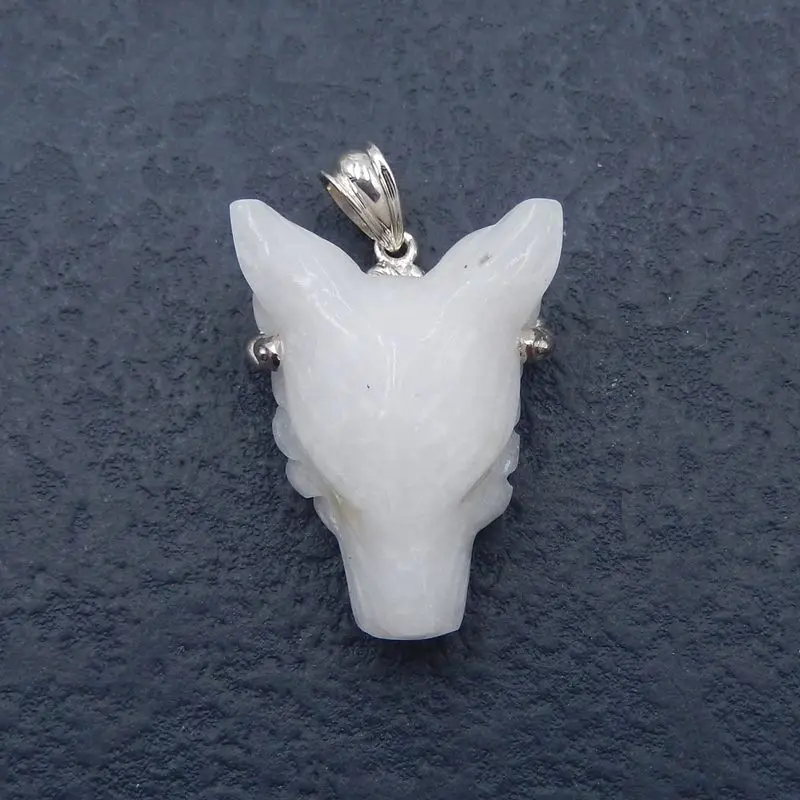 

Natural White Jade With 925 Silver Carved Wolf Head Side Drilled Necklace Pendant 33x24x13mm 13g Fashion Jewelry Pendant