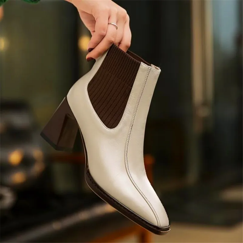 Square toe high heel ankle boots elastic band slip on chelsea boots winter formal office ladies shoes beige black leather boots
