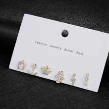 MIGGA, 6 шт., серьги-гвоздики с микро покрытием из кубического циркония, золотой цвет, рука Фатимы, корона, якорь, геометрические серьги, Женские Ювелирные изделия