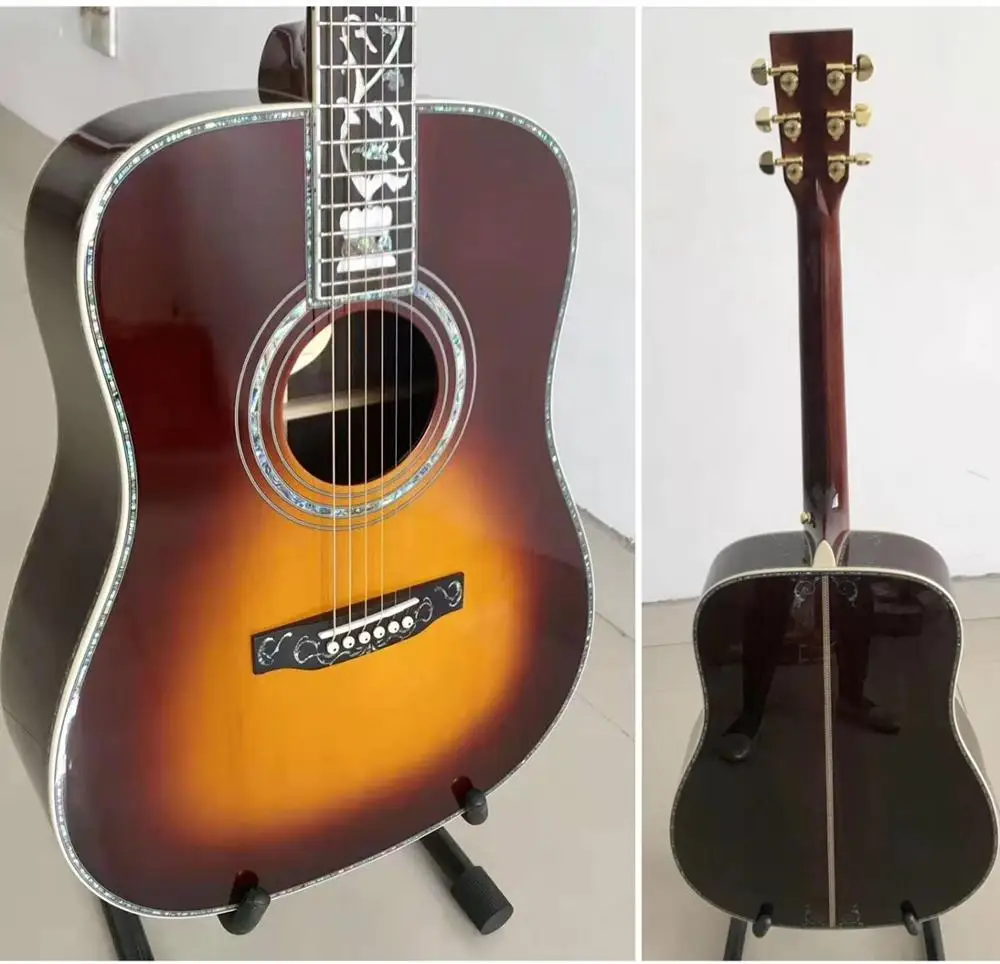 

D Model acoustic guitar,sunburst color,Solid Spruce top,ebony fingerboard,6 strings,abalone inlay and binding, Free shipping