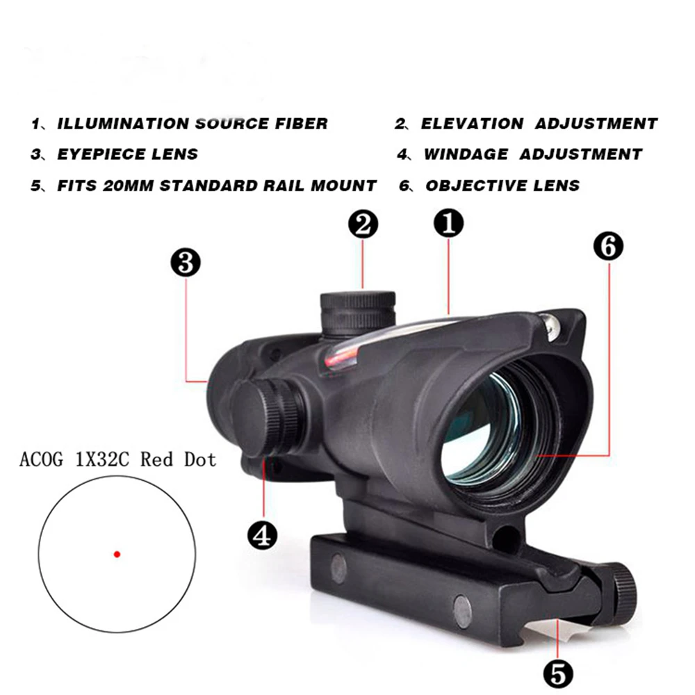 

SEIGNEER ACOG Type 1X32 Tactical Green/Red Dot Sight Real Fiber Optic Riflescope with Picatinny Rail