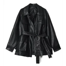 Autumn Four Big Pocket Chic Loose Vintage Women Lady Pu Leather Jacket Leather Moto Jacket  Sashes Oversized Thicken Jacket