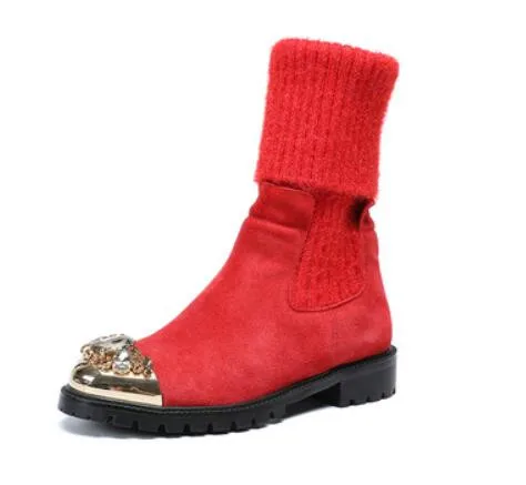 Г. Новая Металлическая кристаллическая крышка с круглым носком, женские ботинки меховые носки Botte Femme, обувь на плоской платформе, женская обувь для подиума - Цвет: as pic
