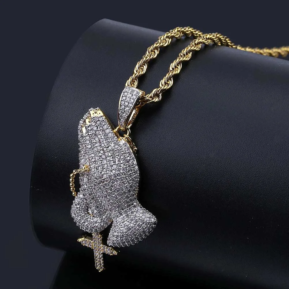 Iced Out Cubic Zircon Cross Praying Hand Necklace Pendant Copper Gold Color Plated Jewelry Men's Women Hip Hop Choker | Украшения и