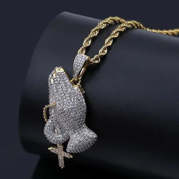 

Iced Out Cubic Zircon Cross Praying Hand Necklace Pendant Copper Gold Color Plated Jewelry Men's Women Hip Hop Jewelry Choker