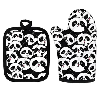 

Oven Mitts Cute Panda Printed Gloves Kitchen Cooking Polyester Cooking Microwave Mitts Heat Proof Resistant Potholder Pad Suit