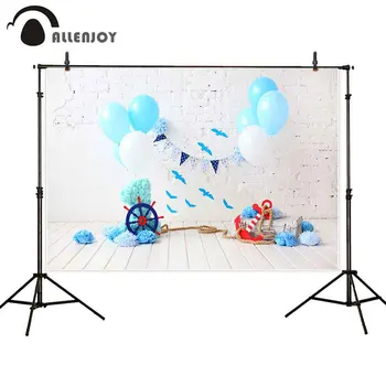 

Allenjoy summer background navy blue balloon 1st birthday brick wood baby smash cake interior photo backdrop studio photozone