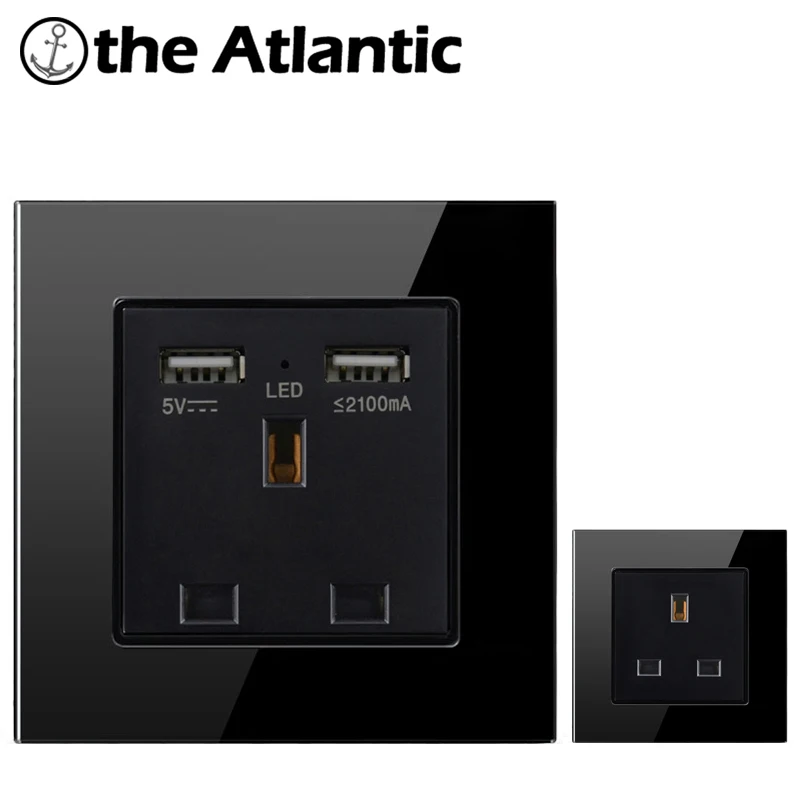 Atlectric UK Standard Plug Wall Socket Dual USB Port Power With LED Indicator Electrical Adapter Glass Panel Outlet | Обустройство