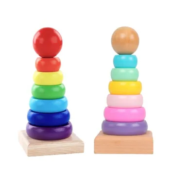 

Rainbow Stacking Ring Tower Blocks Warm Color Wood Toddler Toy Baby Montessori Enlightenment Educational Toys