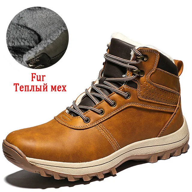 859 Fur Yellow brown Брендовые зимние мужские ботинки; качественные мужские ботильоны из водонепроницаемой кожи; плюшевые теплые мужские зимние ботинки ручной работы; мужская обувь с высоким берцем - Цвет: 859 Fur Yellow brown
