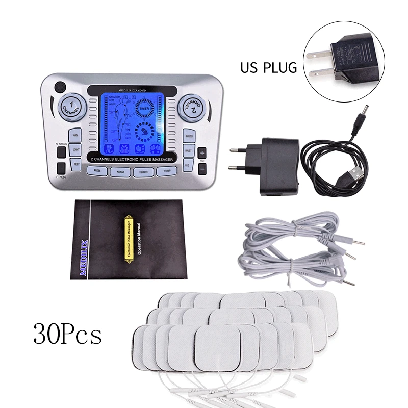 US Plug 30Pcs Электрический мышечный Стимулятор Расслабляющая мышечная Массажная машина импульсная акупунктурная терапия массажер для похудения жиросжигатель+ 10 подушечек - Цвет: US Plug 30Pcs