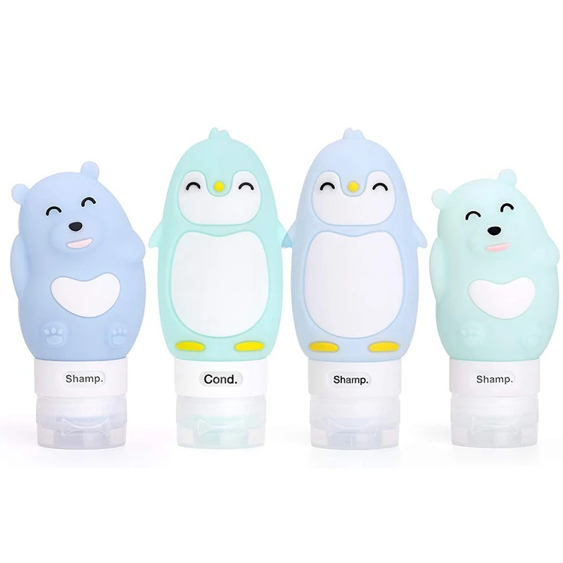 Cut Penguin& Bear Silicone Travel Bottle Set- 3Oz/90Ml, 2.8Oz/80Ml- 3-Layer Leakproof Container for Shampoo,Toiletries,Lotion