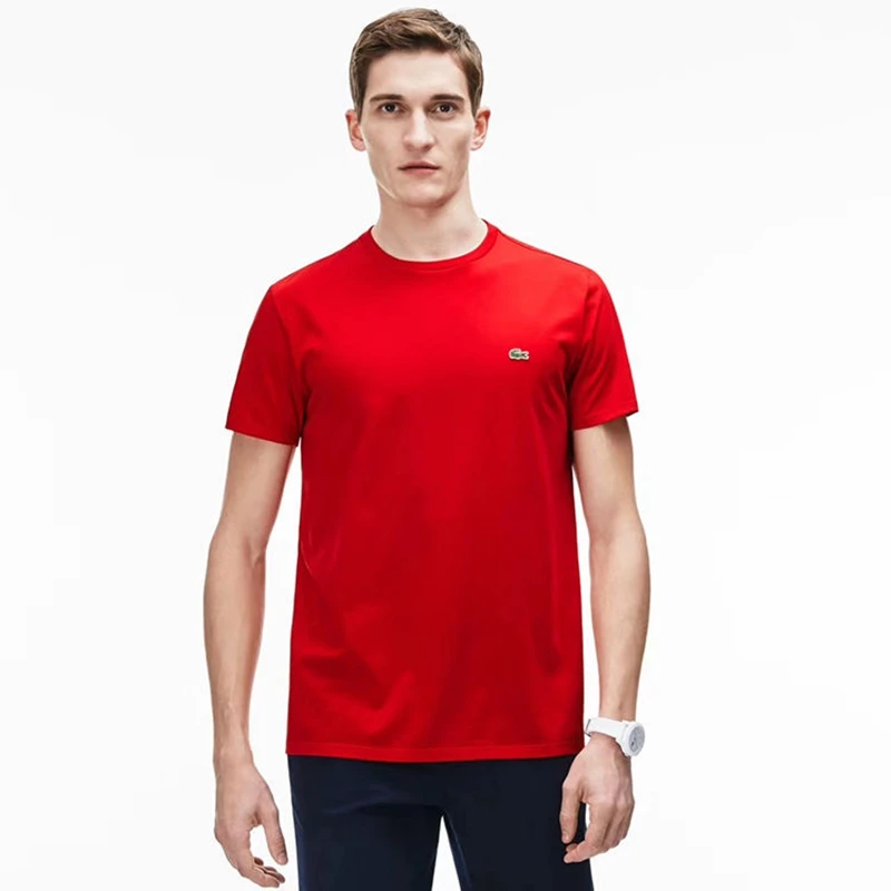

Lacoste Men T Shirt Casual Short Slee Men's Basic Tops Tees Summer Stretch Solid T-shirt Male Clothing Red