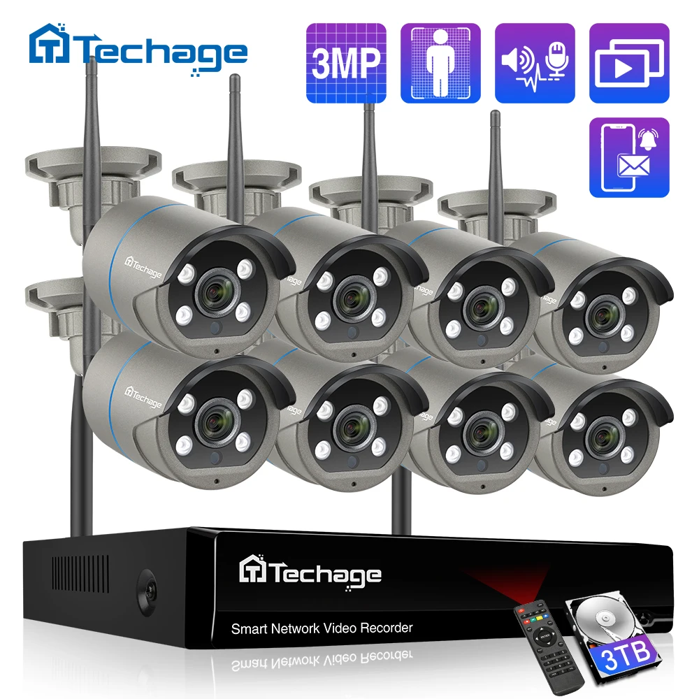 Video Surveillan 8CH 3MP Security Wireless Camera Kit Humen Detected Two Way Audio Record P2P WIFI IP CCTV System | Безопасность и