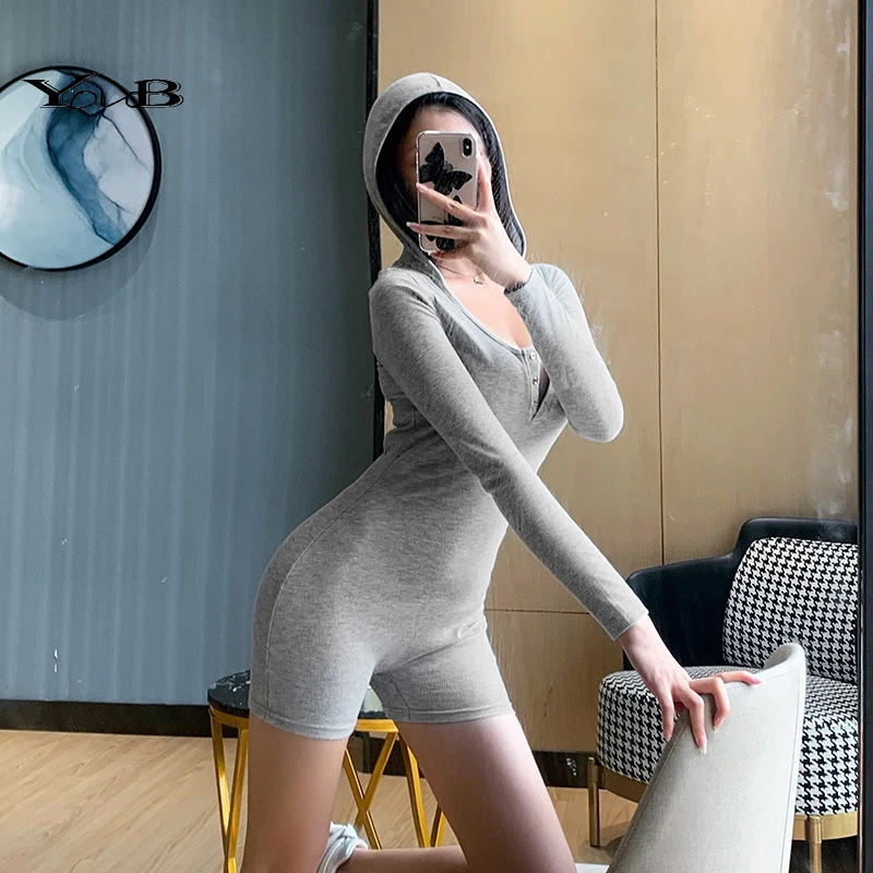 YOUB Hooded Playsuit Jumpsuit Knitted Womens Long Sleeve Stretch Short Casual Romper Leotard Slim Bodysuit Button Bodycon Hoodie