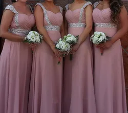 Stock Clear A Line Chiffon Off Shoulder Beading Crystals Cap Sleeve Bridesmaid Dresses Wedding Party Formal Prom Lace Up Back