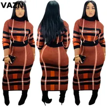 VAZN SY8399 Новинка, высококачественный сексуальный женский свитер, цветной комплект из 2 предметов, сексуальный женский свитер с круглым вырезом и длинным рукавом, длинная юбка в клетку