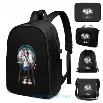 

Funny Graphic print Alice Madness Returns USB Charge Backpack men School bags Women bag Travel laptop bag