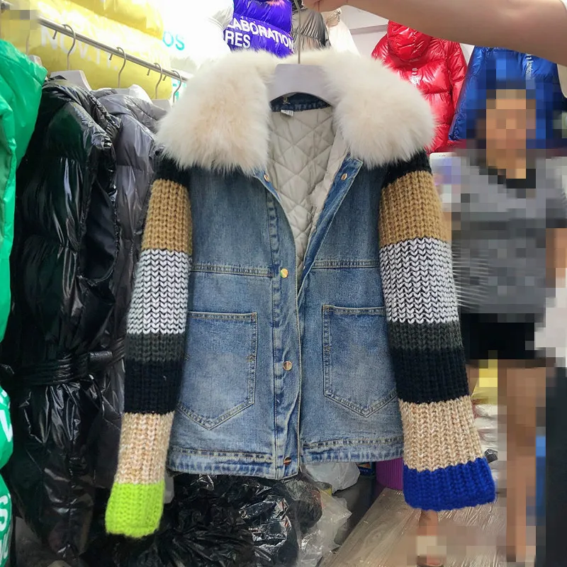 

Real Fox Fur Collar Jacket Winter New Thickened Denim Patch Knit Cotton Coat Warm Cotton Denim Parka Padded Manteau Mujer 2019