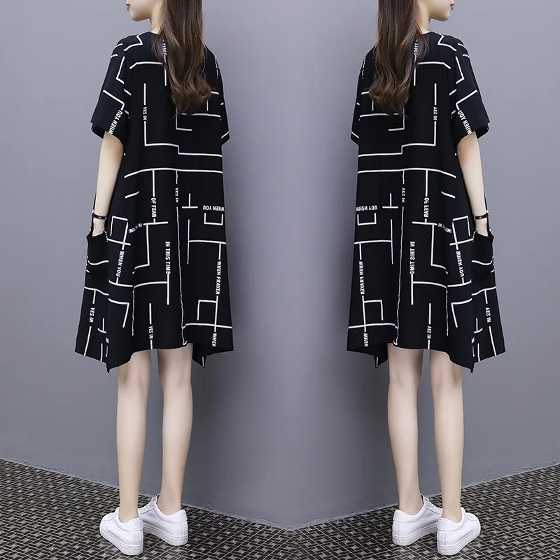 

Ozhouzhan Dress Women's Summer New Style Korean-style Fashion Printed Large Size Mid-length Loose-Fit Slimming A- line Skirt