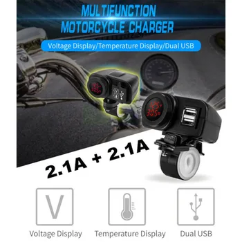 

Red LED 12V Motorcycle USB Charger 2.1A+2.1A W/ Digital Voltmeter + Thermometer