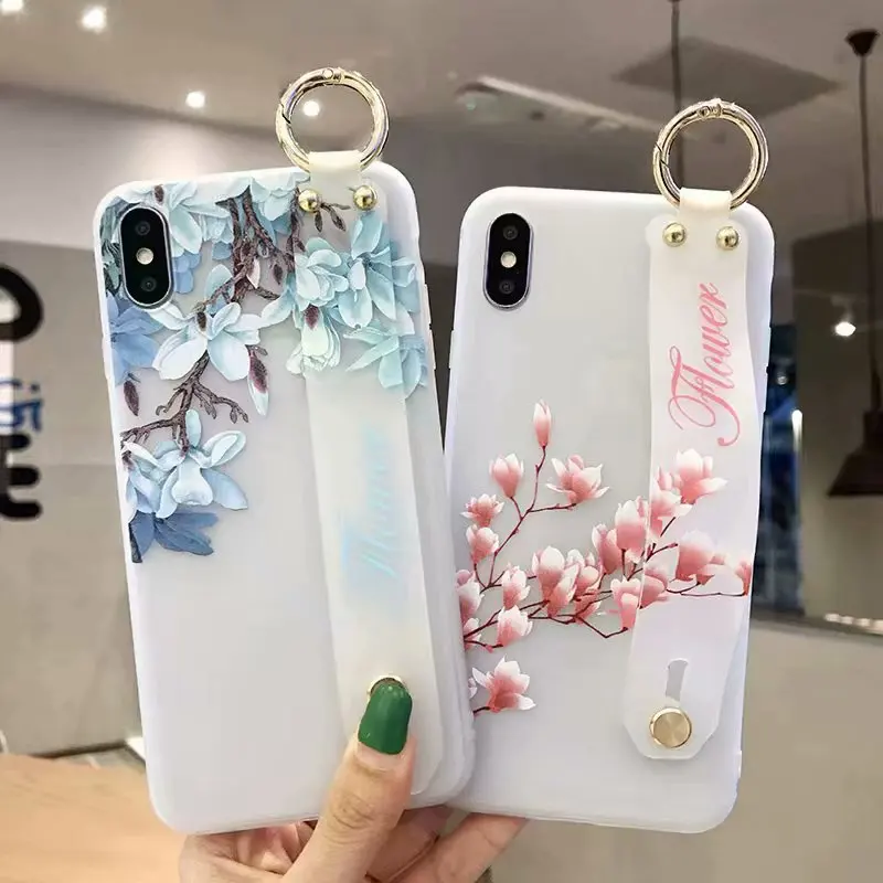 

Flower Phone Case For iPhone XR XS Max XS 6 6S Plus 7 8 Plus Shining Transparent Soft Silicone Wrist Strap Back Cover Coque Capa
