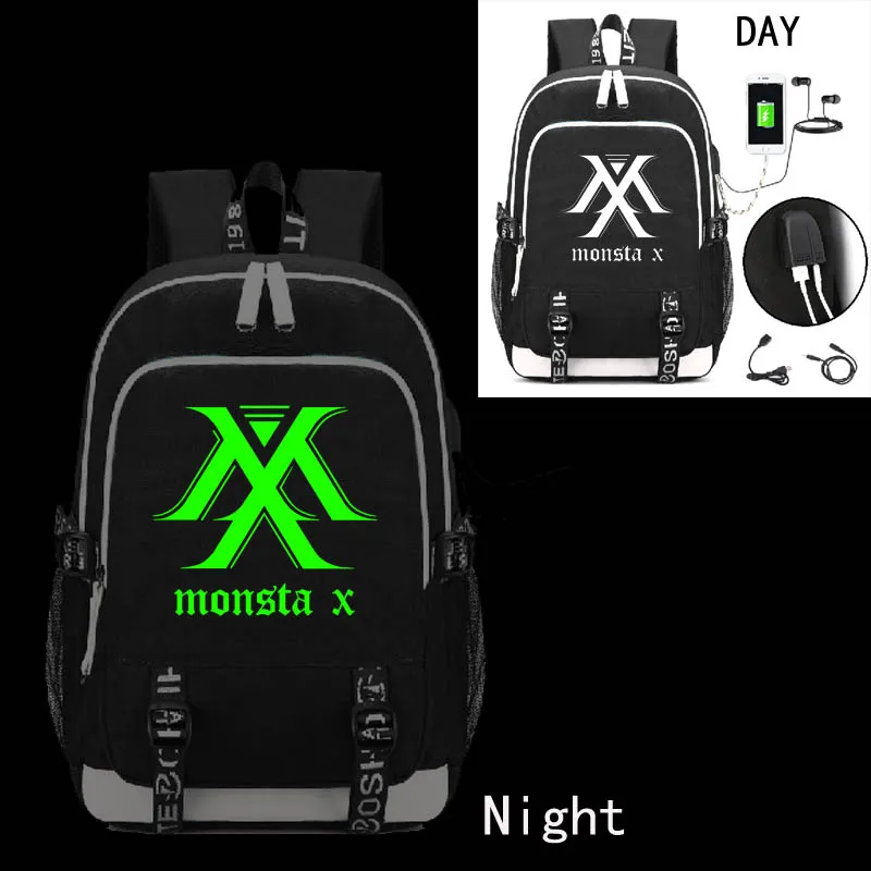 Monsta x band Рюкзак с usb зарядным портом и замком и интерфейсом для наушников для студентов колледжа работы - Color: Black