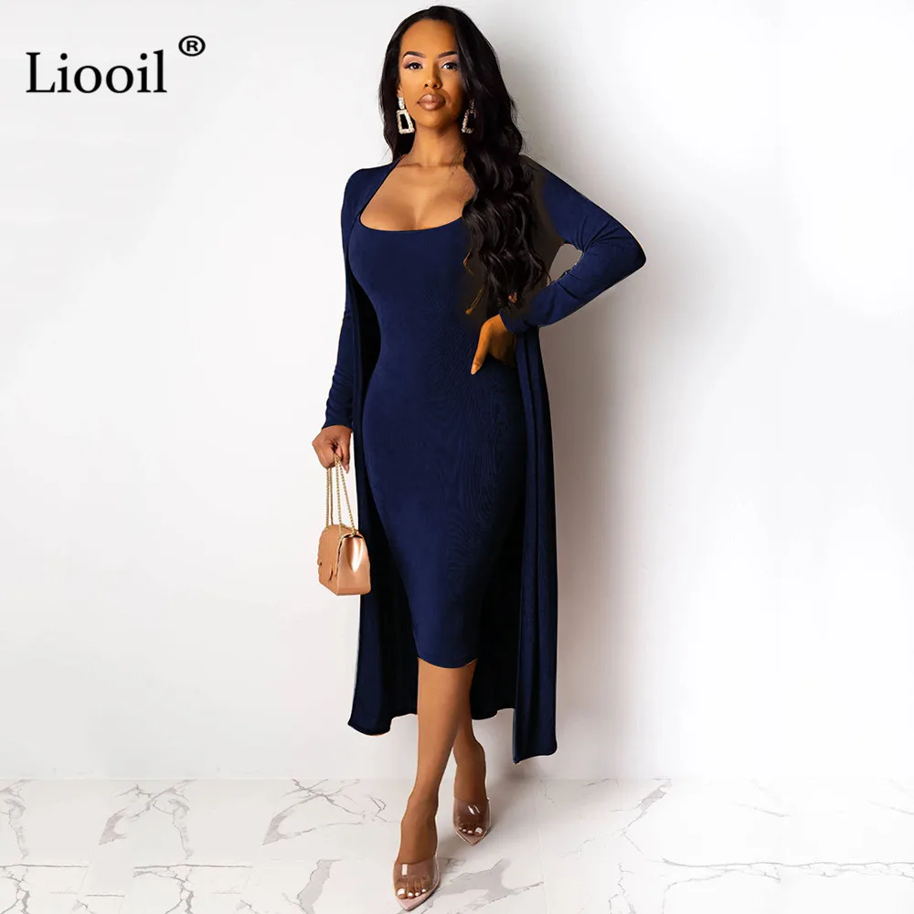 Navy Blue Liooil комплект из двух предметов, сексуальное облегающее платье миди, Женская Клубная одежда, наряды, облегающие платья без бретелек с длинным рукавом, женские вечерние платья - Цвет: Navy Blue