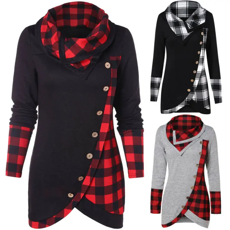 

2018 Hot Sale Winter Women Warm Pullover Long Sleeve Plaid Sweatshirt Tops Dress Casual Ladies Hoodies Sweatshirt Irregular Hem
