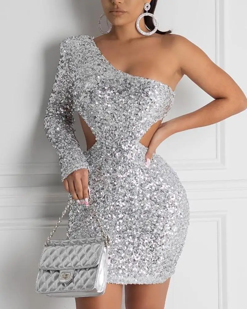 Silver sequin one shoulder dress Clearance
