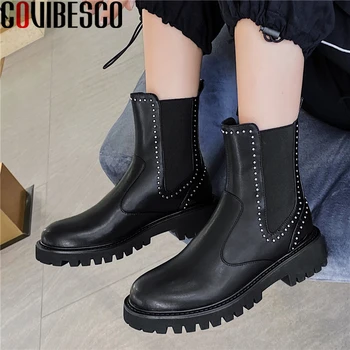 

COVIBESCO Concise Retro Women Ankle Boots Autumn Winter New Rivets Shoes Woman Genuine Leather Thick Heels Platform Casual Boots