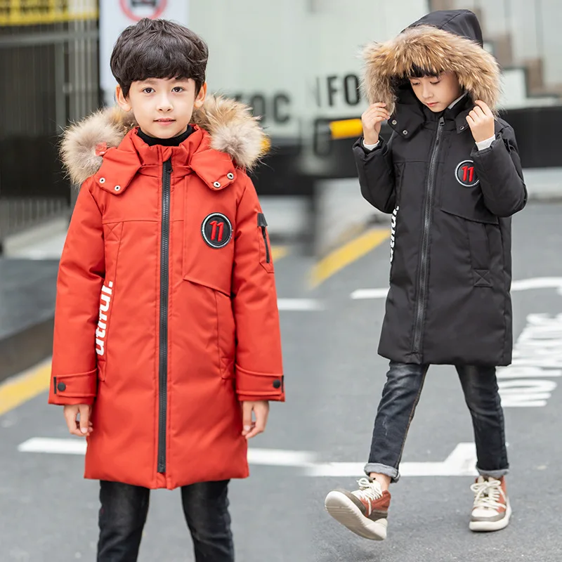 Детские зимние куртки для мальчиков с меховым воротником и капюшоном, детские длинные теплые хлопковые парки Зимнее пальто на молнии для маленьких мальчиков верхняя одежда