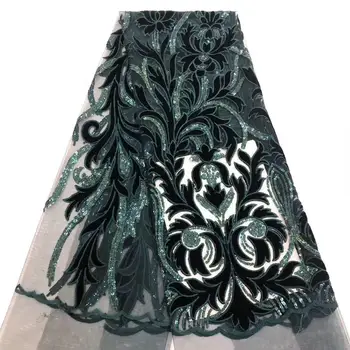 

Green Gold Latest African Velvet Lace Fabrics High Quality 2020 Nigerian Lace Fabric with Sequins Sequence Lace for Women Dress