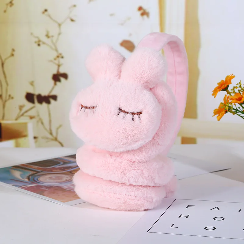 New plush children's earmuffs Warm earmuffs winter cute creative rabbit ear warmer ear bag - Цвет: Pink