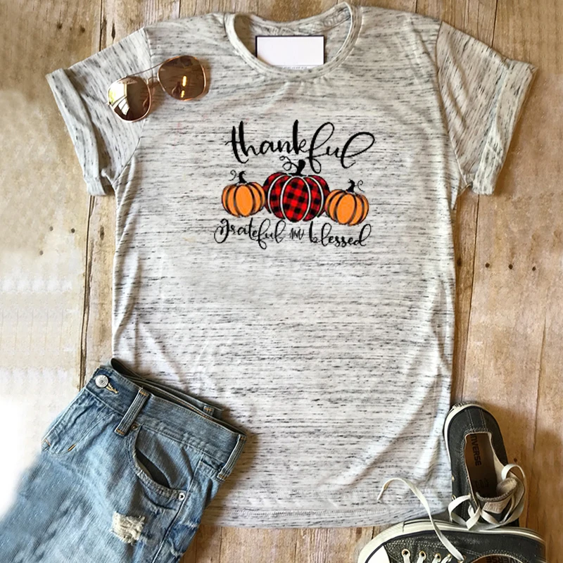

Thankful Grateful Blessed Shirt Women Shirt Family Aesthetic Kawaii Clothes Print Thanksgiving T-Shirt Plaid 2020 Thanksgiving