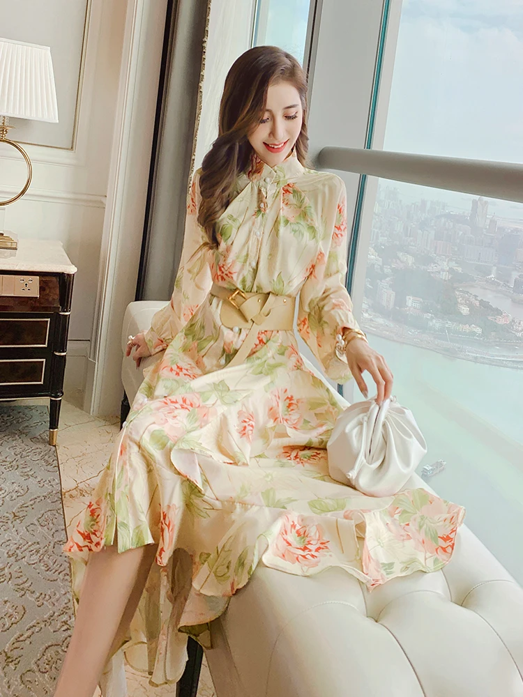 Palace style printed dress autumn 2020 new style female western style ruffled irregular Office Lady  Polyester