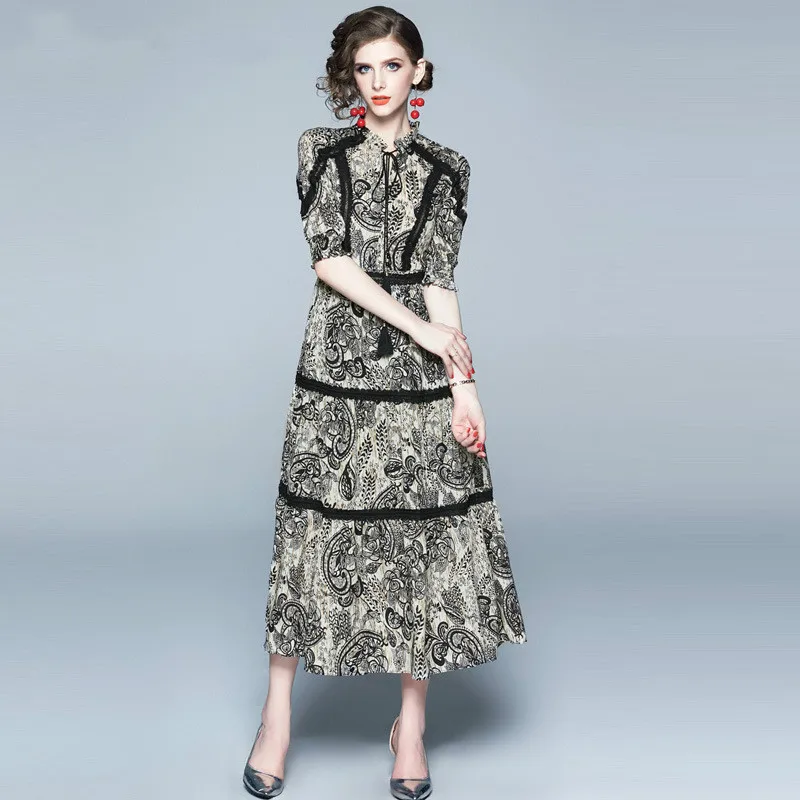 Vintage Print Lace Patchwork Chiffon Long Dress Women Summer Lace-up O Neck Half Sleeve Ladies Dresses Casual Vestidos