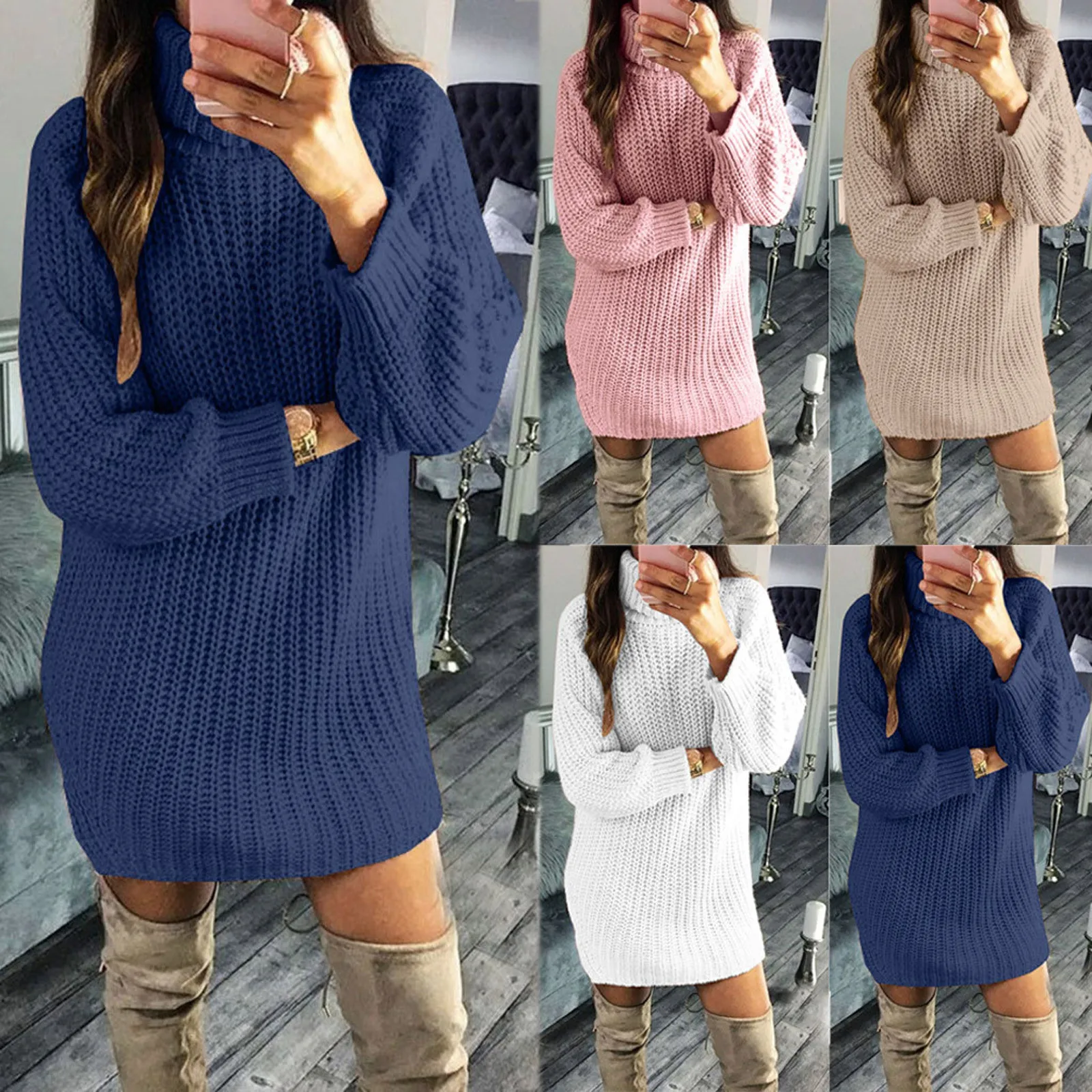 2020 Fashion Autumn Winter Sweater Women Ladies Long Sleeve Dress Female Patchwork Knitwear Turtleneck Pullover | Женская одежда