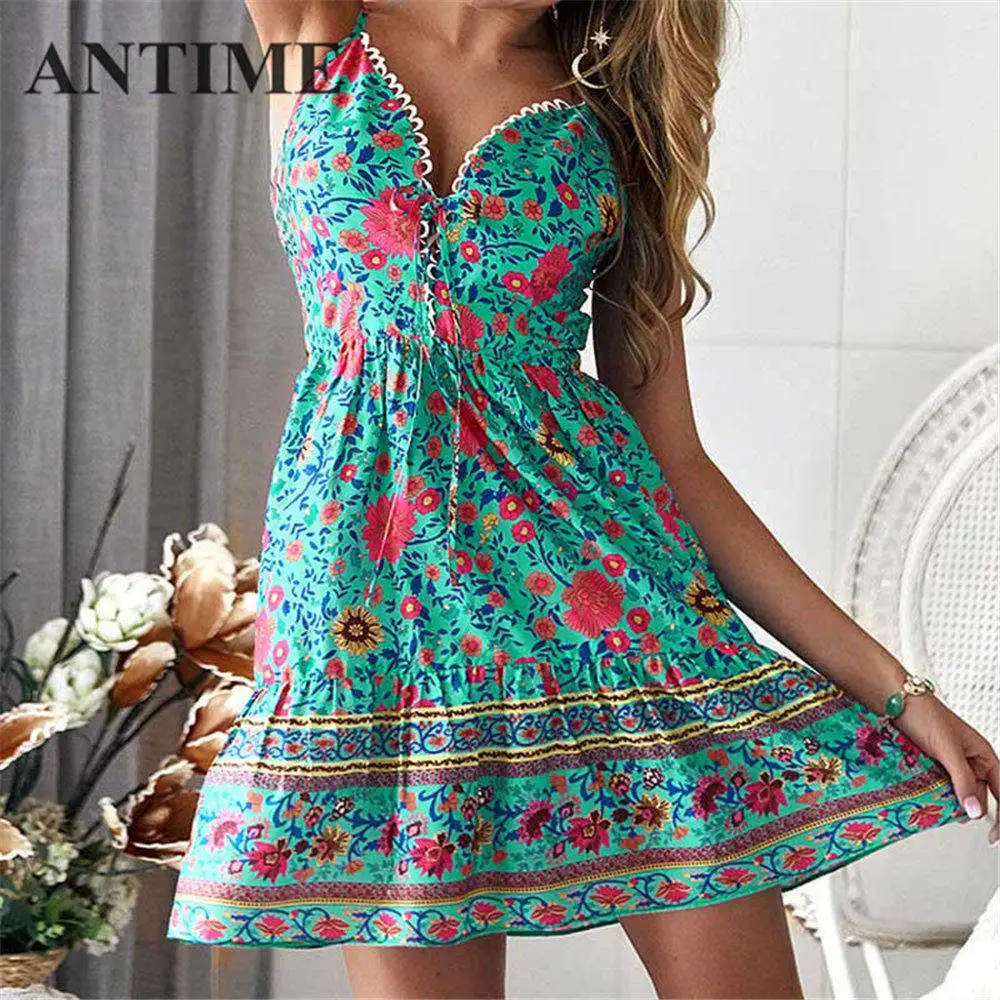 ANTIME Boho платье на бретельках женское летнее богемное ТРАПЕЦИЕВИДНОЕ ПЛАТЬЕ С v-образным вырезом на шнуровке повседневное Мини шифоновое платье без рукавов винтажное