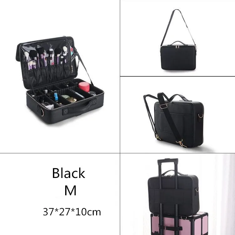 Black M 37X27X10cm Водонепроницаемая косметичка из искусственной кожи, косметичка для красоты, сумка для хранения косметики большой емкости, косметический чемодан, органайзер для путешествий, женская коробка - Цвет: Black M 37X27X10cm