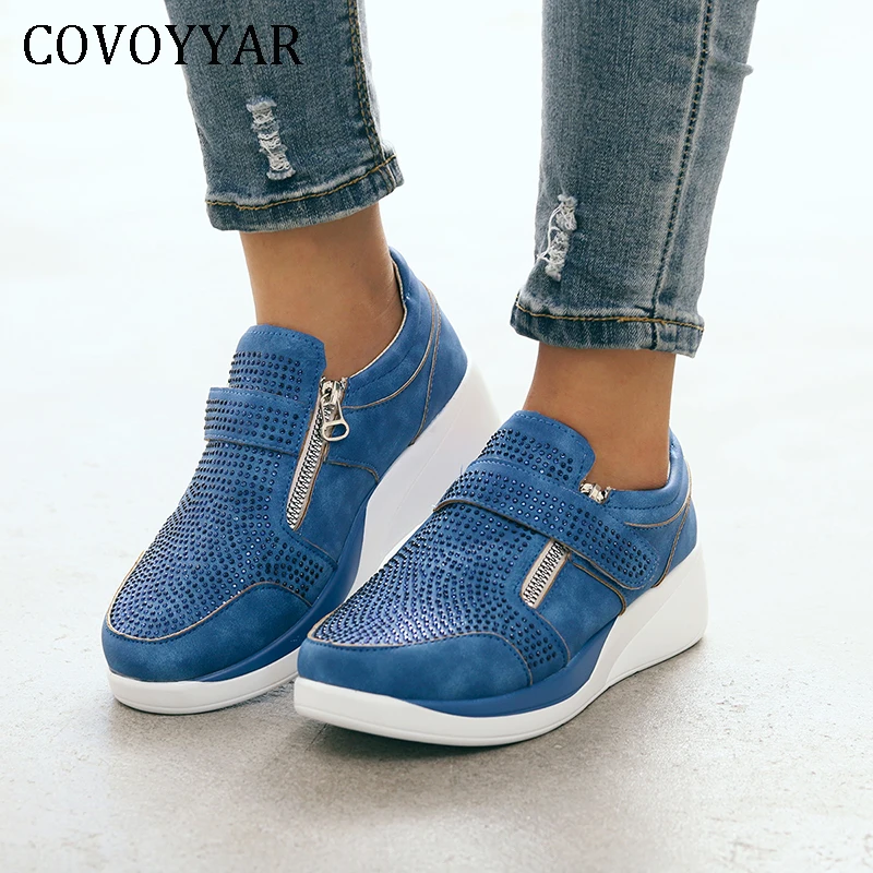 COVOYYAR/ женские туфли на танкетке; сезон осень; стразы; модные кроссовки на платформе; Tenis; женские повседневные кроссовки; Большой размер 43; WSN342